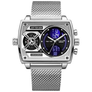 FEICE Wathes for Men Digital LED Analog Quartz Wristwatch Business Men’s Watch Multifunction Square Chronograph 24H Calendar Stainless Steel Band Waterproof Unique FK814